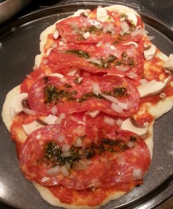 Calabrese Pizza with Pesto drops